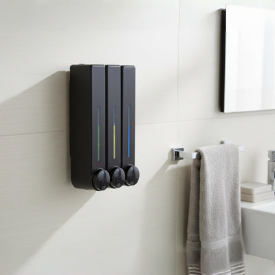 Distributeur de douche à 3 chambres sans perceuse, distributeur de shampoing et revitalisant, distributeur de savon de douche à fixation murale pour salle de bain d'hôtel avec remplissage sans liquide rapide 3 * 450 ml (noir)