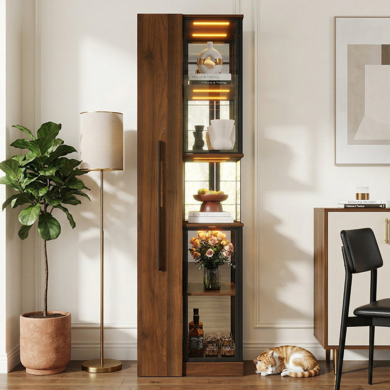 70" Display Cabinet with Glass Doors, LED Lights & Pull-Out Multi-Tier Shelves, Wooden Storage Cabinet for Home Decor Display & Organization
