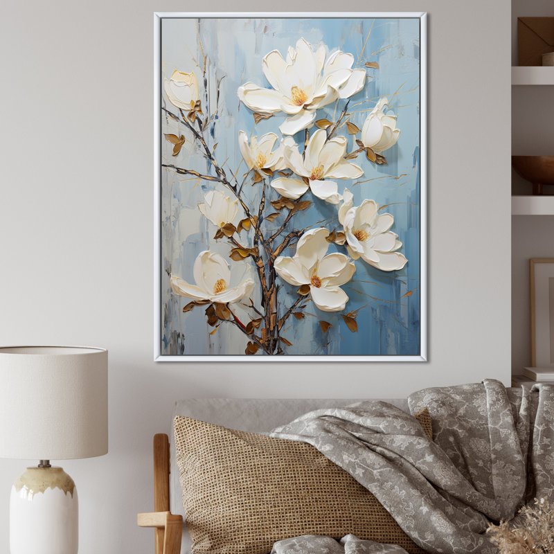 Fleurs de magnolias bleues et blanches Bloom IV sur toile, Cadre flottant blanc, H 44 po x l 34 po x P 1,5 po
