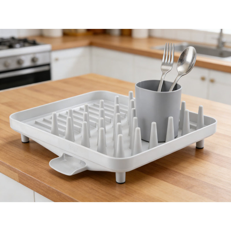 Compact Dish Rack With Utensil Holder, Efficient Drying Design With Sloped Base And Drain Spout For Space-Saving Kitchen Organization