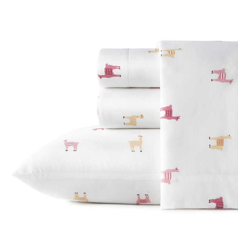 Ensemble de draps en coton percale Poppy & Fritz, Ensemble de draps grand lit + 2 taies d'oreiller, Rose / Lama