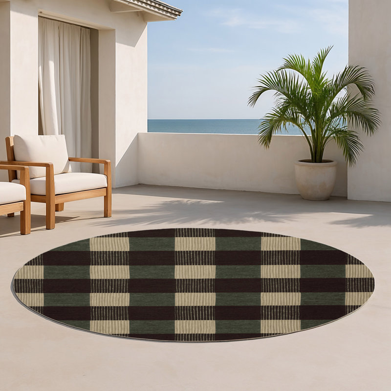 Checkered Brown Indoor and Outdoor Area Rug, Round 5'