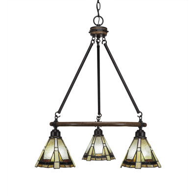 Lustre 3 lumières Blacksmith présenté en métal peint d'aspect bois et finition granite foncé avec verre Zion Art de 7 po