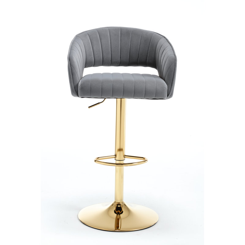Chaise de bar en velours gris, hauteur réglable, pieds en corne dorée gris - hauteur, support pour le dos, apparence unique