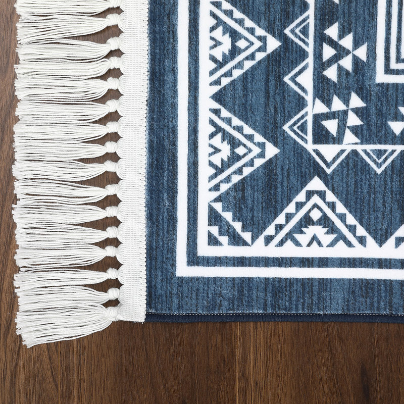 Tassel Area Rugs Washable Bordered Accent Carpet with Non-Slip Backing, Stain-Resistant Farmhouse Floor Cover, Soft Low Pile Indoor Mat for Bedroom, Living Room