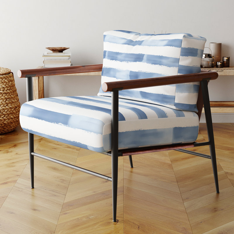 Chaise d'appoint moderne - fauteuil bleu et blanc rayé au clair de lune, Bras ronds bruns