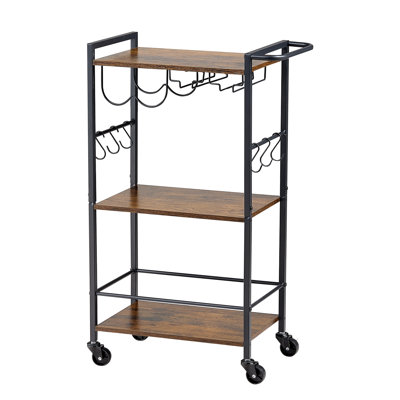 Chariot-bar, chariots de service de cuisine à 3 niveaux, station de travail industrielle sur roulettes, tablette à boissons mobile avec porte-bouteilles et porte-verres, brun rustique et noir