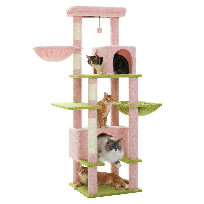 Arbre à chat 66 po, tour pour chat avec poteau à griffes recouvert de sisal, très grand hamac en métal et 2 grands condos