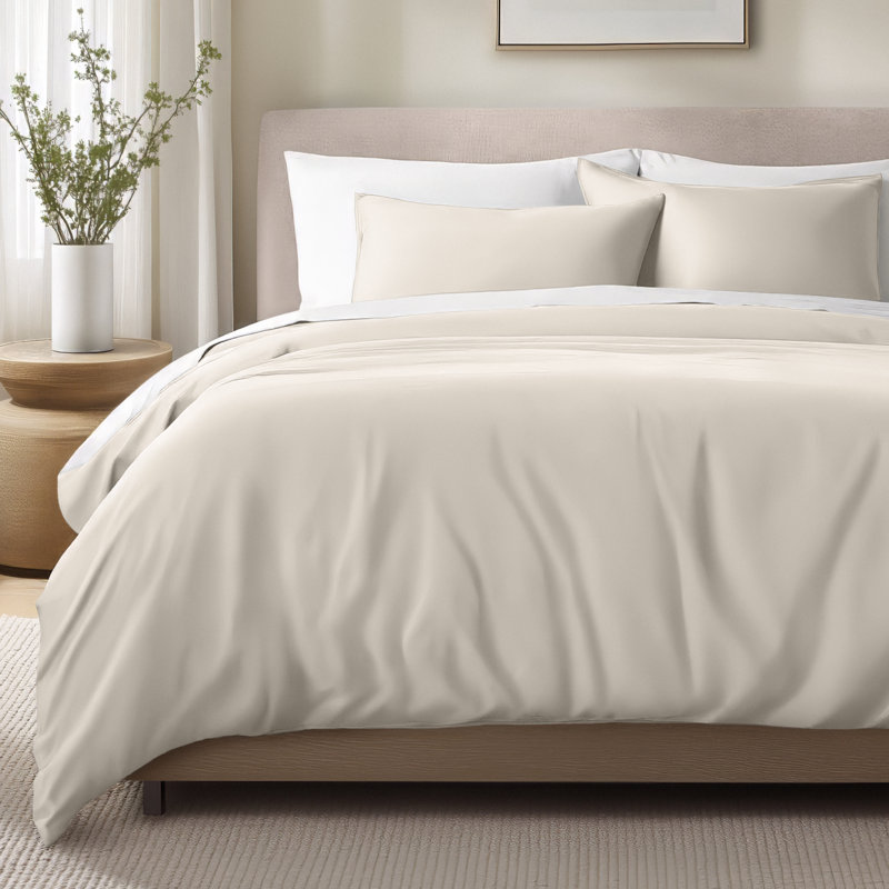 400 Thread Count Organic Cotton Sateen Duvet Cover Set, French Beige, California King Duvet Cover + 2 King Shams