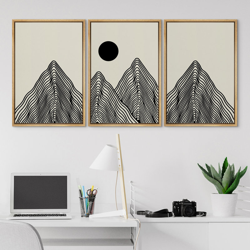Art mural Mid-Century moderne bohème minimaliste abstrait montagne soleil encadré sur toile, 3 pièces, H 24 po x l 48 po