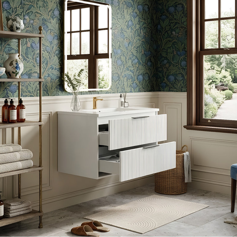 Meuble-lavabo mural cannelé moderne avec lavabo en céramique, armoire flottante en panneau de fibres à densité moyenne et tiroirs à fermeture en douceur (24 po / 30 po / 36 po)