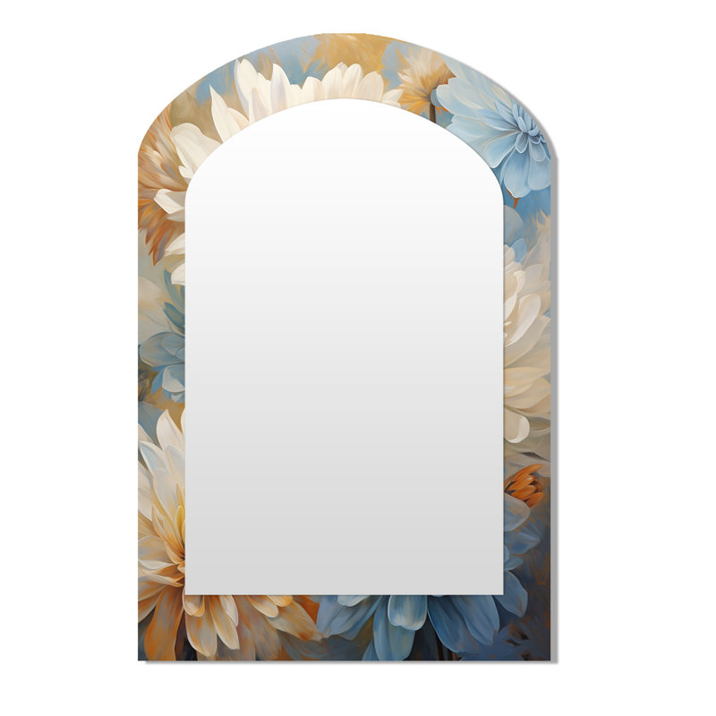 Minimalisme Blooming Mums, peinture en beige et bleu discret IV - grand miroir en forme d'arche de maman, miroir décoratif décoratif asymétrique traditionnel
