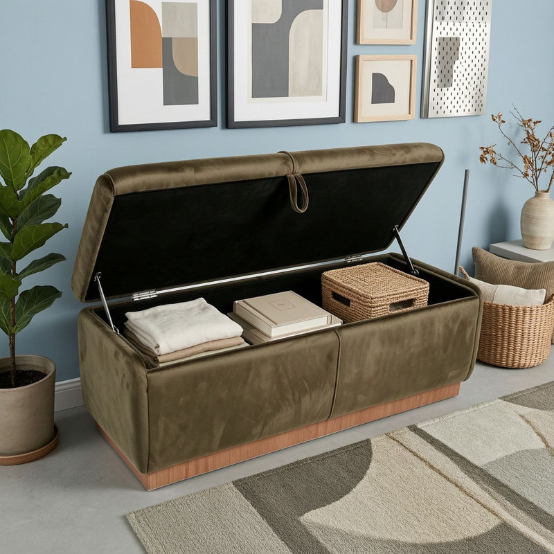 Banquette de rangement rembourrée avec couvercle relevable, Brun
