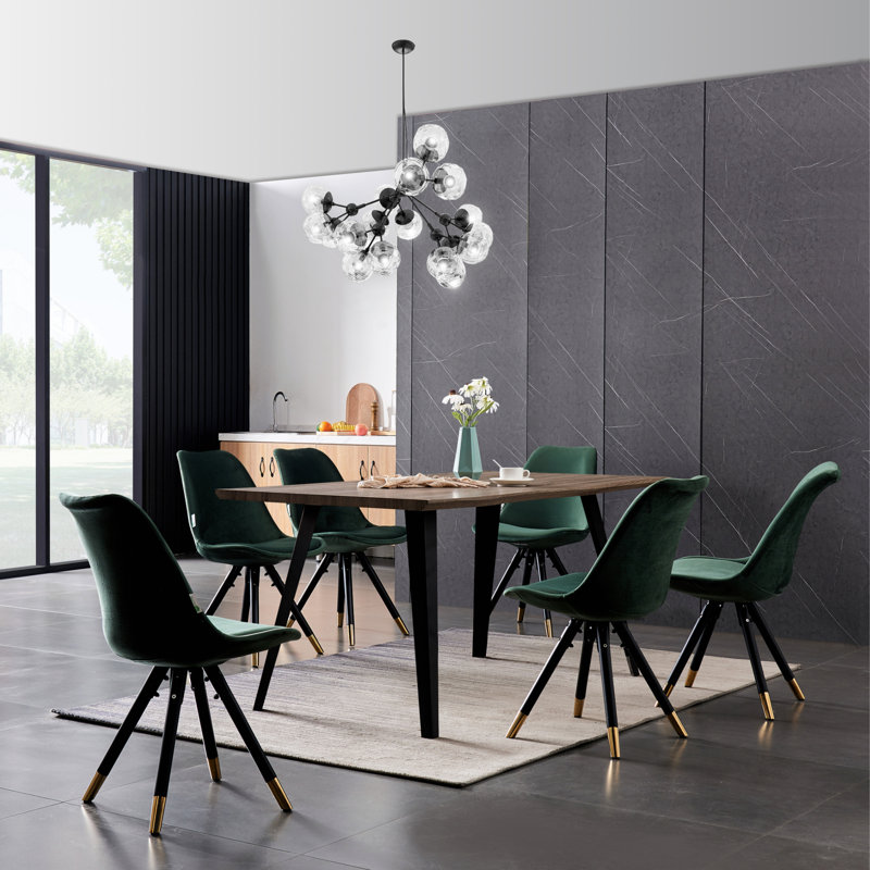 Gwawr 6 Person Dining set - a Rectangular Wooden Dining Table with Metal Legs and a Set of 6 Quilted Velvet Dining Chairs for Dining Room - Modern Dining Table Set