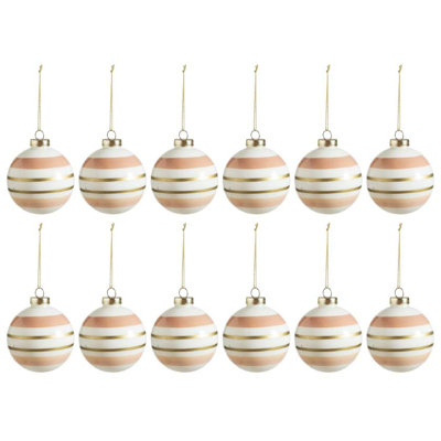 Ornement boule de verre rayé doré et rose
