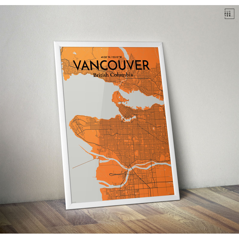 « vancouver city map », reproduction d’impression sur affiche en orange, H 24 po x l 18 po
