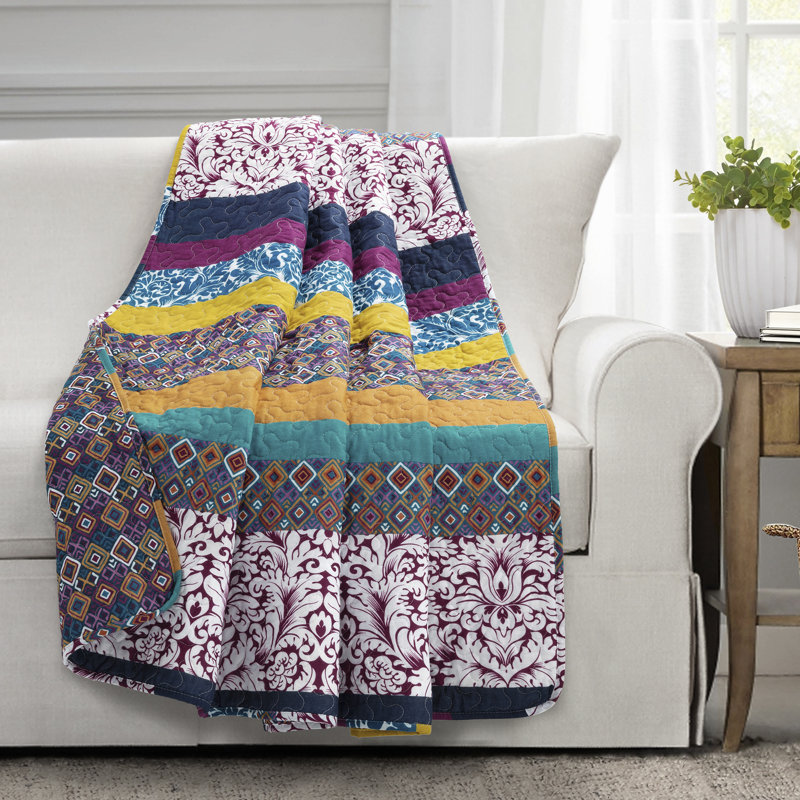 Boho Stripe Reversible Coverlet Set, Quilt/Coverlet + 2 shams, Purple/Yellow