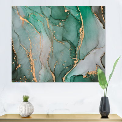 Turquoise et gris, art abstrait fluide de luxe III, reproduction sur toile