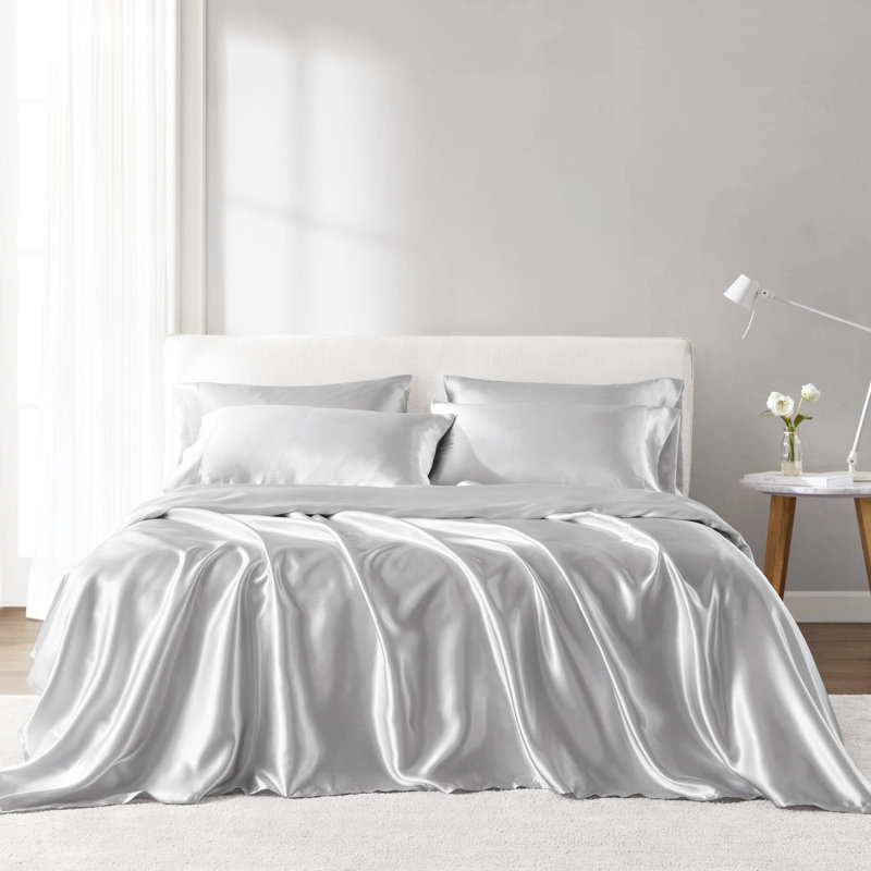 Grey 4 Pcs Twin 100% Satin Luxury Sheet - Wrinkle , Smooth And Silky, Tames Frizz, Fitted For 16" Mattresses, Open Ended Pillowcases, Helps With Hair Breakage,