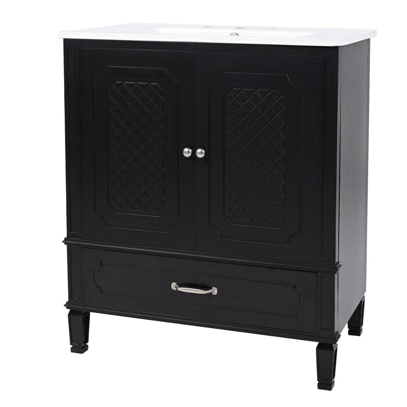 Meuble-lavabo simple 30 po avec lavabo sur pied, Black, Argent argent