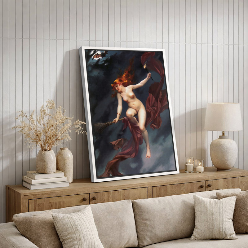 Illustration de sorcière mystique dans un ciel orageux, images fantastiques foncées, impression sur toile encadrée