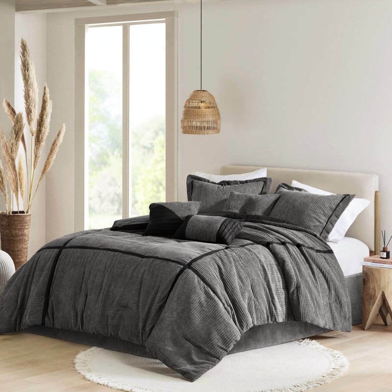 Édredon Corduroy gris grand - 100%, option de literie de luxe, 7 avec édredon, taies décoratives et coussins décoratifs, confort chaleureux en velours côtelé toute l'année, matériau, rehaussement de chambre à coucher élégant, assure