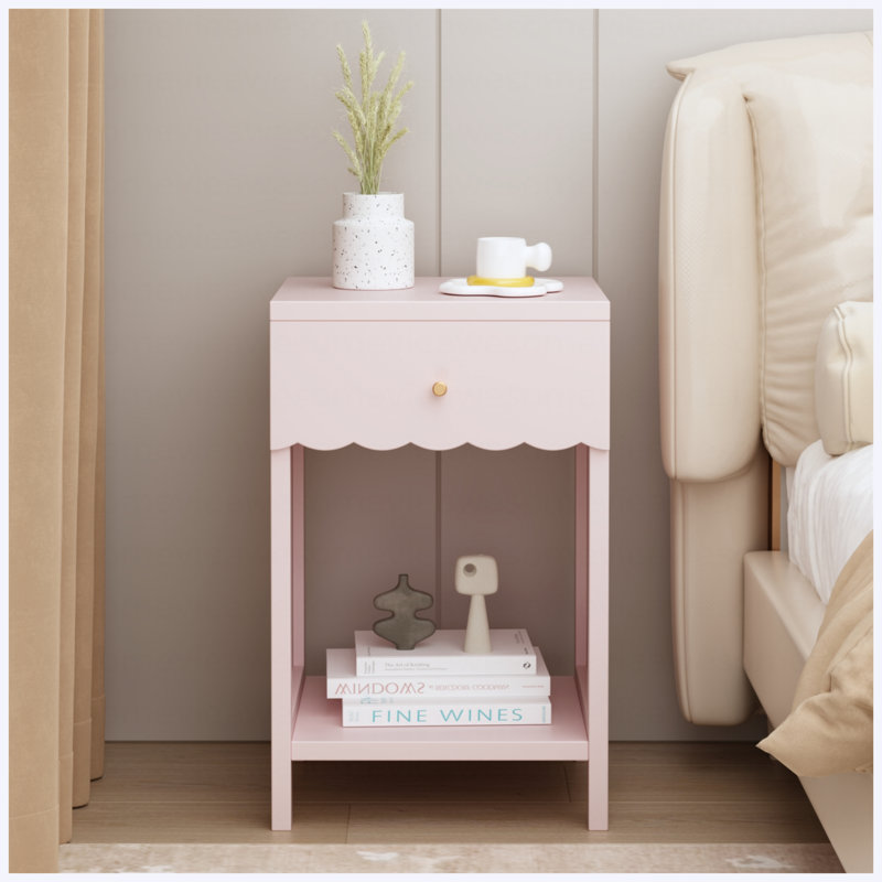 Table de chevet moderne avec tiroir et tablette ouverte, bord festonné, jolie table d'appoint minimaliste pour chambre d'enfant, rose