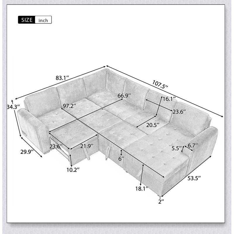 Canapé modulaire en U de 107,5 pouces avec lit escamotable et méridienne de rangement, parfait pour la vie moderne et l’optimisation de l’espace