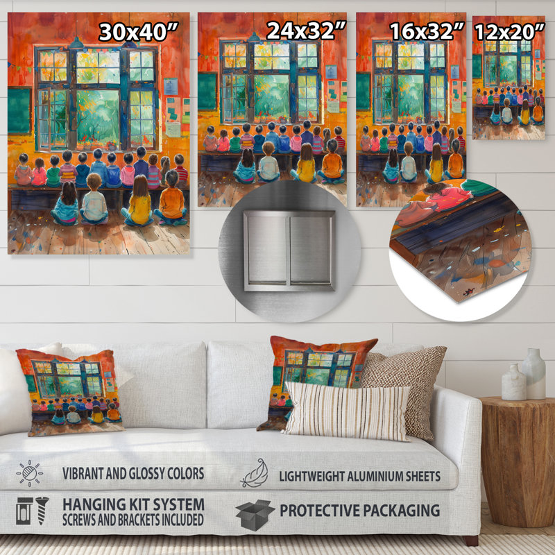 Impression d'art mural orange et bleu Creative Classroom School II - Écoles, Métal métal, H 32 po x l 16 po x P 1 po
