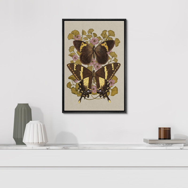Animaux, papillon brun et feuilles de ginko, illustrations sur, Cadre flottant noir, H 24 po x l 16 po