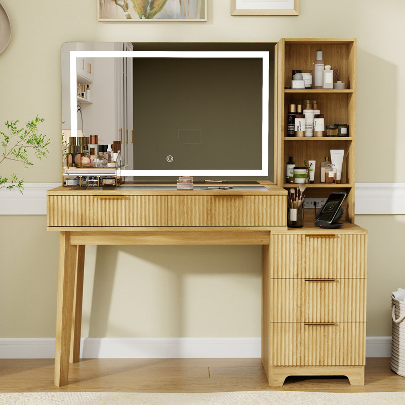 50" Makeup Vanity with 36" Lighted Mirror, Glass Top & Charging Station & 3 Light Modes