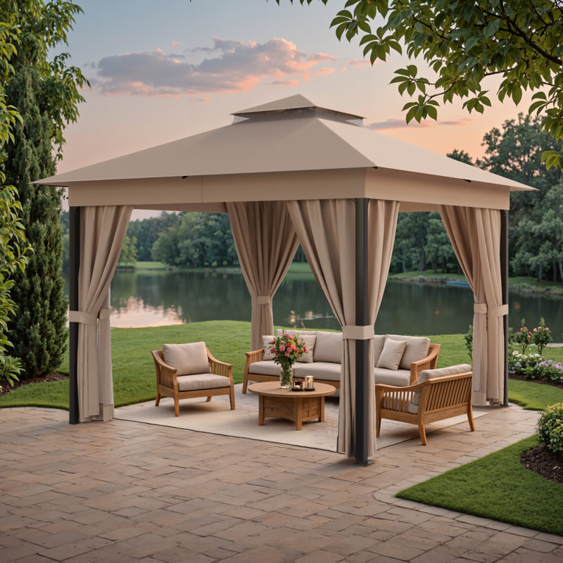 10 Ft. W x 10 Ft. D Soft Top Steel Patio Gazebo with 2-Tier Canopy and Zippered Mesh Netting for Outdoor, Patio, Garden, and Backyard Activities