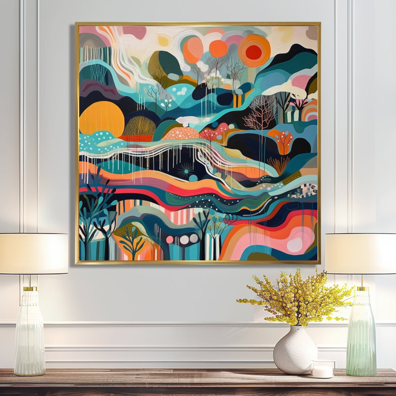 «Blue Green Minimalims Explosion - Abstract Landscape», art mural, 44" H x 44" W, Cadre flottant doré