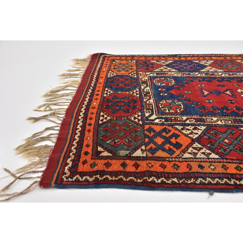 Tapis en laine bleu marine/rouge/orange 4 pi x 6 pi noué la à la main one-of-kind Diana