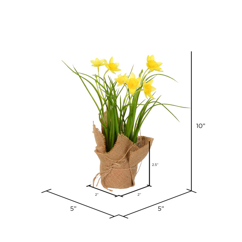 10'' Yellow and White Artificial Daffodil Burlap Potted Arrangement