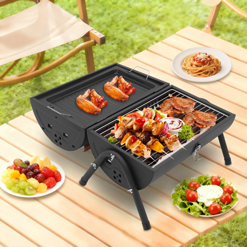 Ensemble de barbecue au charbon 3 en 1 - comprend des filets de barbecue et une poêle à frire, portatif pour barbecue, camping, patio avec cendrier amovible pour un nettoyage facile
