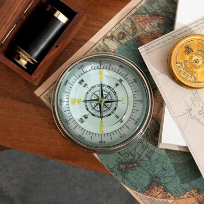 Aluminium Compass Paperweight with Glass Top - Vintage Decor