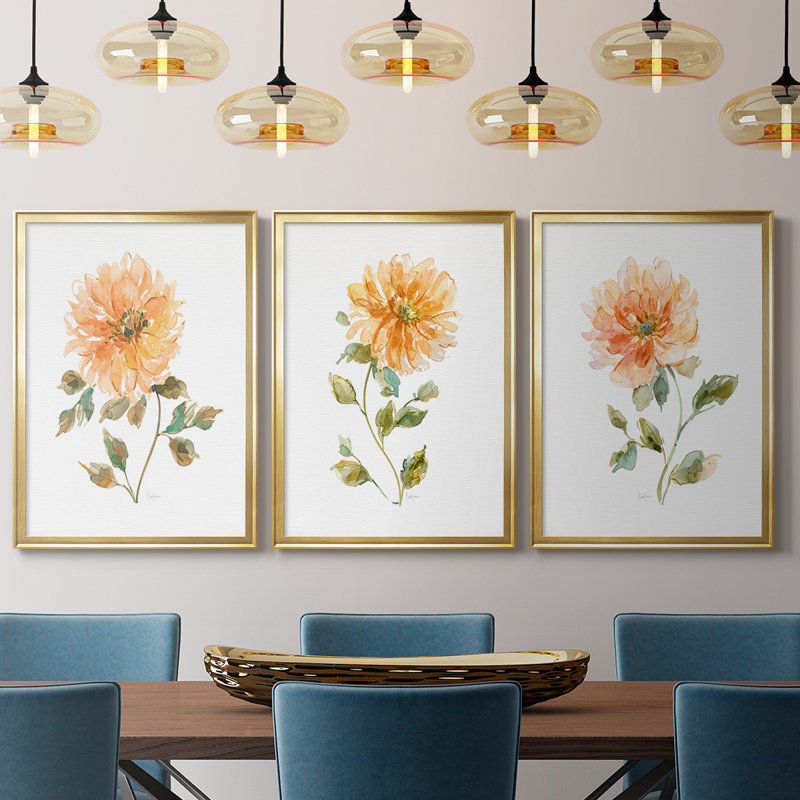 Bright Botanical I - Toile tendue avec châssis sur mesure - 3 pièces, H 27 po x l 57 po, Gold