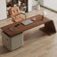 Bureau en bois manufacturé rectangulaire brun noisette + beige + acier au carbone avec 3 tiroirs-871915679-871915676