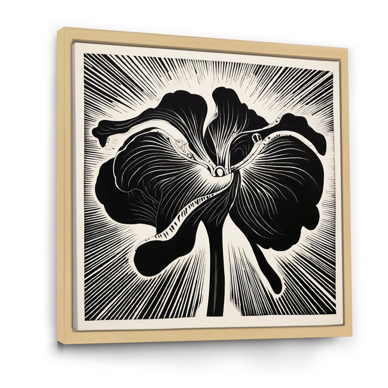 Fleur d'iris abstrait noir et blanc sur toile, H 24 po x l 24 po x P 1 po, Cadre flottant brun