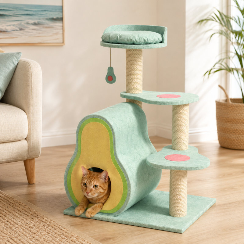 Arbre à chat en forme d'avocat avec poteaux à griffer en sisal, maisonnette pour chat à plusieurs niveaux avec cachette et perchoirs pour grands chats d'intérieur