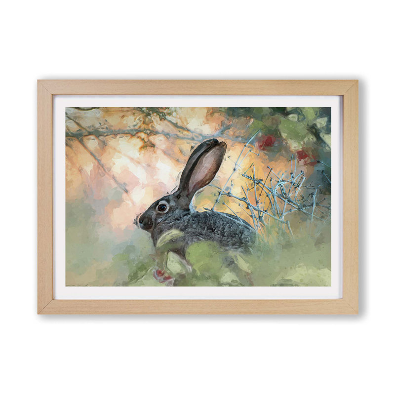 Hare in the Bushes - Framed Print, 45cm H x 63cm W x 2cm D, Oak