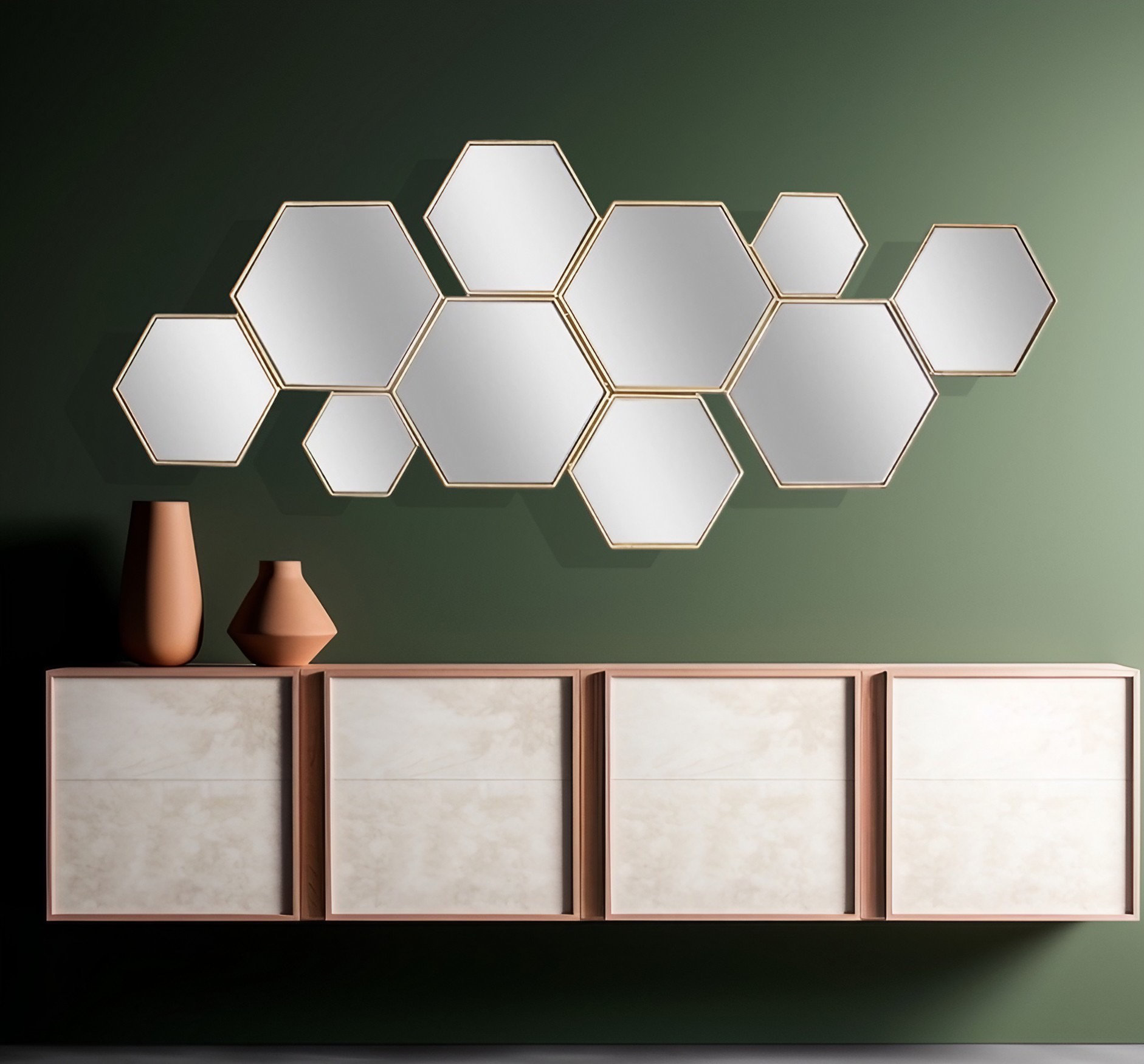 Mudroom With Hexagonal Mirror Tiles Stock Photo - Download Image