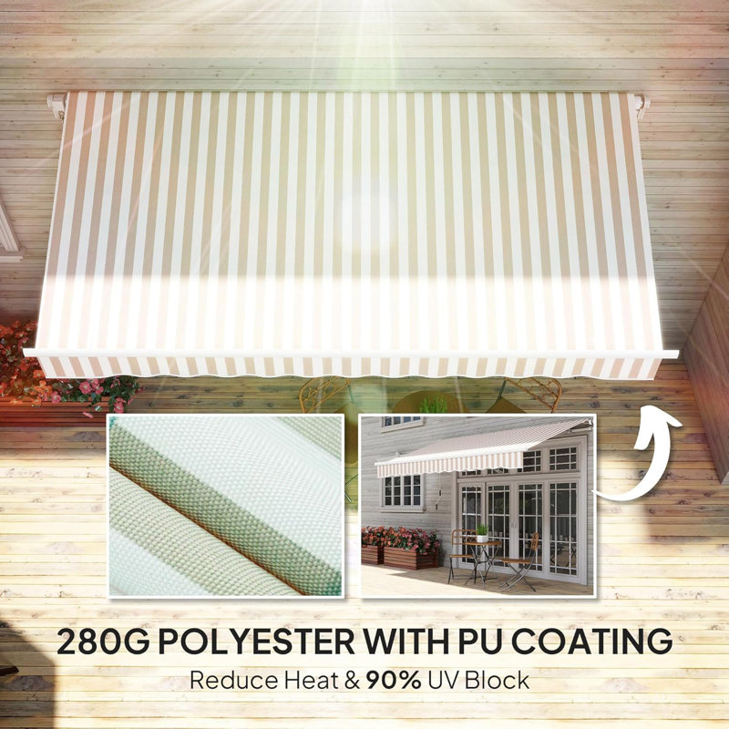 12' x 10' Manual Retractable Patio Awning, 280g/m簡 UV & Water-Resistant Sun Shade with Aluminum Frame, Crank Handle for Deck, Balcony, Yard, Beige & White