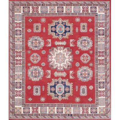 Tribal Hand Knotted Wool Geometric Area Rug in Red/Ivory/Blue
