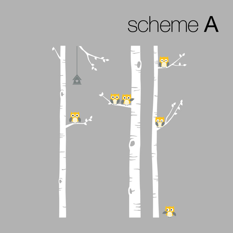 Décalcomanie murale arbre bouleau avec owls, H 96 po x l 67 po, Gris / blanc / jaune