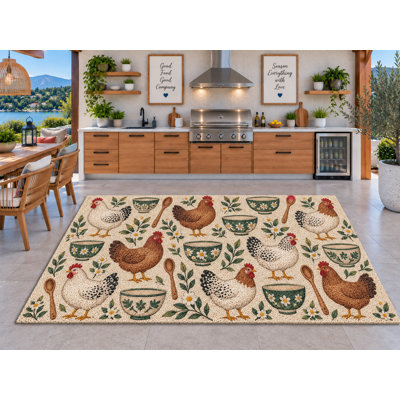 Tapis d'extérieur 152 x 213 cm (5' x 7') à motifs champêtres (poules, bols fleuris, cuillères en bois, verdure), style ferme. Moquette épaisse en PVC imperméable à boucles, séchage rapide, idéale pour l'intérieur et l'extérieur (cuisine, porche, terrasse, entrée).
