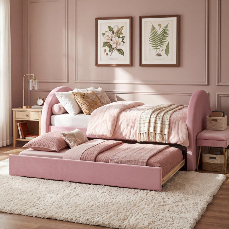 Structure de lit de jour rembourrée avec fonction de rangement, Twin, Pink