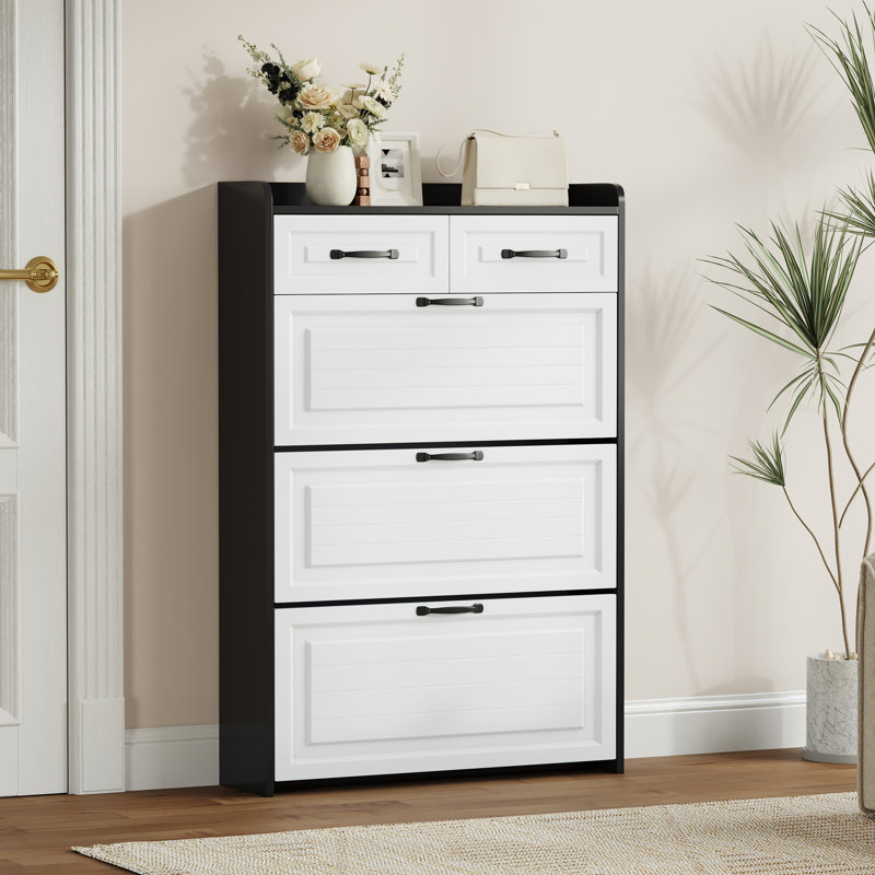 Black Shoe Storage Cabinet With 3 Flip Doors And 2 Drawers, Stylish Functional For Tiny Living Areas Drawers Easy - To Use Design In Spaces