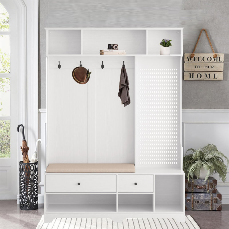 Portemanteau avec banc d'entrée, portemanteau, Blanc